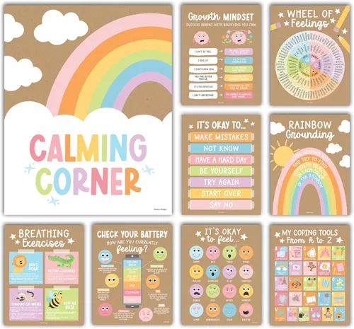 Miniatura 15 de Hadley Designs 9 carteles de esquina relajantes para el aula, suministros de esquina tranquila con tabla de emociones, póster de consejero escolar