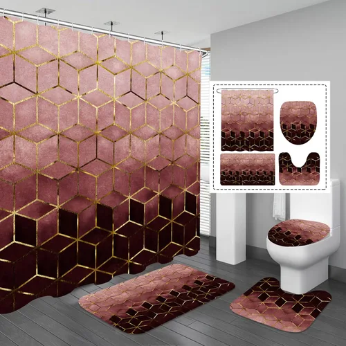 Miniatura 7 de Gibelle Juego de 4 cortinas de ducha de baño con alfombras antideslizantes, cubierta para tapa de inodoro y tapete de baño, líneas cúbicas doradas