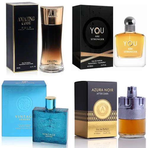 Miniatura 34 de Set de colonia para hombre, EDP, pack de 4 (3.4 oz / 100 mL), Amazing Code Gold, Verse Adonis Blue, AzuraAD, Invincible, Office Clean & Confident