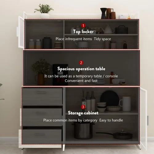 Miniatura 5 de AGOTENI Armario grande de cocina, armario de almacenamiento con 3 puertas de metal, 3 cajones y estante para microondas, para almacenamiento abierto