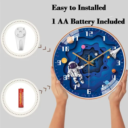Miniatura 5 de QINFIEY Reloj de pared para niños con movimiento silencioso de 12 pulgadas, reloj de pared redondo sin tictac para niños, funciona