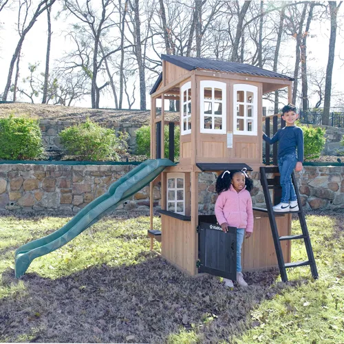 Miniatura 8 de KidKraft Cliffbrook - Casa de juegos de madera para exteriores de dos pisos con tobogán
