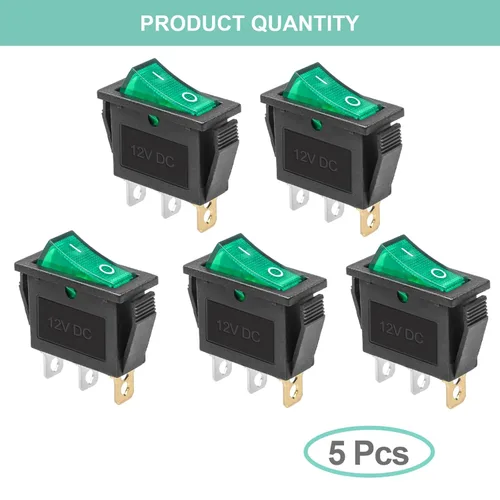 Miniatura 4 de KCD3 SPST de encendido/apagado de 3 pines, 2 posiciones, interruptor basculante instantáneo DC 12V-24V 30A con LED verde para barco - Paquete de 5
