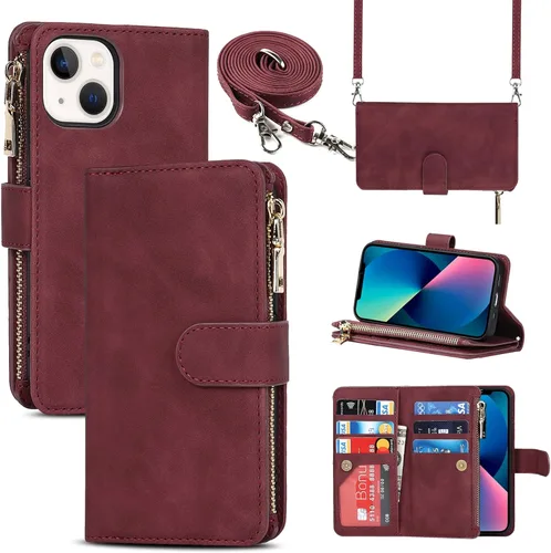 Miniatura 9 de Funda Cartera para iPhone 13/14 con Tarjetero, Funda Cruzada con Correa para el Hombro, Bolsillo con Cremallera Cartera de Cuero PU para iPhone 13
