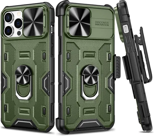 Miniatura 20 de VEGO Funda para iPhone 13 y iPhone 14 con soporte de clip para cinturón, cubierta deslizante para cámara y soporte magnético giratorio de 360°