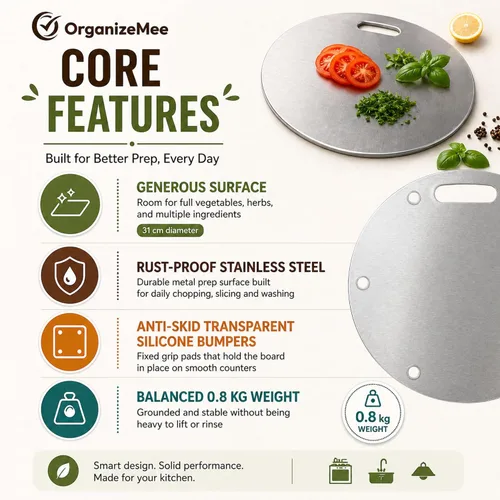 Miniatura 3 de OrganizeMee Tabla de cortar de acero inoxidable para cortar frutas para cocina, tabla de cortar para verduras, panes y carnes, resistente, seguro