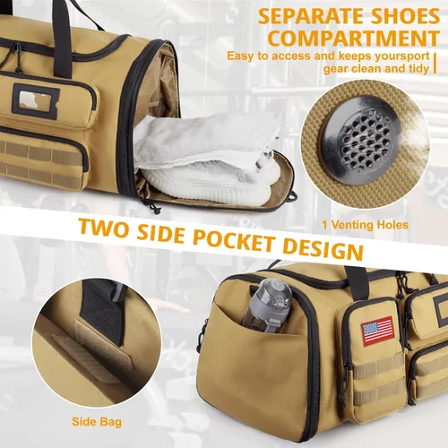 Miniatura 5 de Bolsa de gimnasio expandible para hombres, táctica grande 3 en 1, bolsa deportiva con compartimento para zapatos, resistente al agua, bolsa de mano
