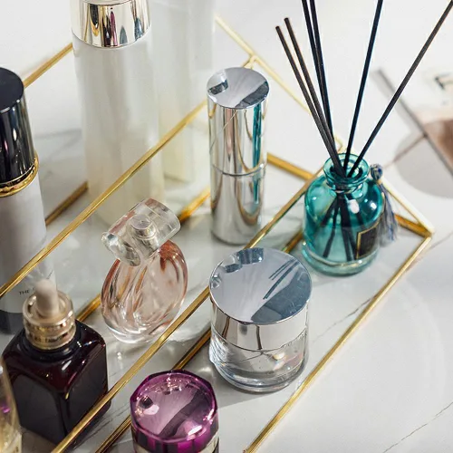 Miniatura 5 de FSyueyun Estuche organizador de maquillaje dorado, 3 capas de almacenamiento de maquillaje de vidrio, organizador de cosméticos, soporte de anillo