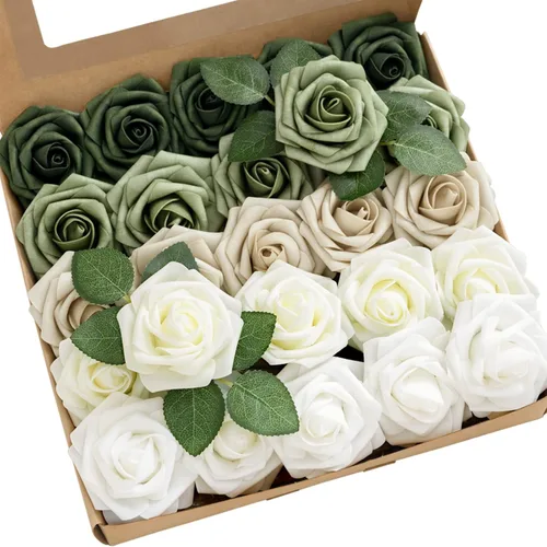 Miniatura 9 de Ling's moment Flores artificiales, 25 piezas de rosas de 3 pulgadas en tonos verde esmeralda, relleno floral de espuma realista para bricolaje