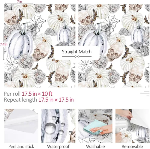 Miniatura 7 de ReWallpaper Papel tapiz gris y blanco con diseño de calavera, calabaza, papel tapiz gótico para despegar y pegar, papel de pared para dormitorio