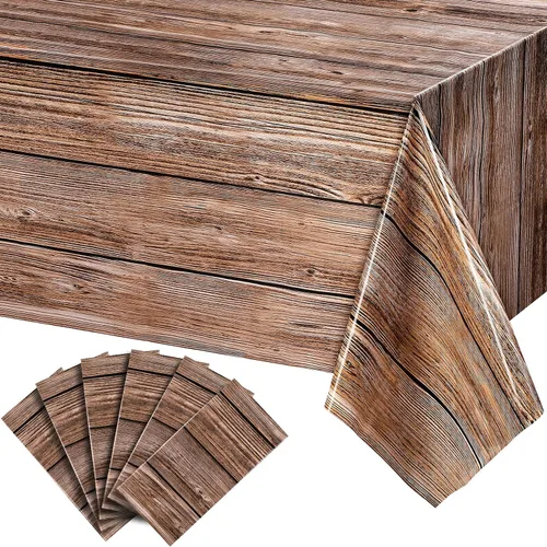 Miniatura 4 de Tatuo Paquete de 1 mantel de plástico rústico de grano de madera natural para mesa rectangular, decoración de mantel estilo rústico para cumpleaños