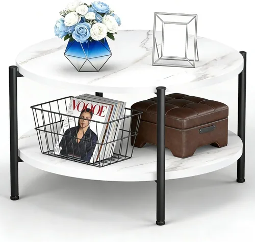 Miniatura 21 de Mesa de Café FAMIDGE, Mesas de Café de 23.6" para Sala de Estar, Mesa de Café Redonda con Marco de Metal, Mesa de Piso para Sentarse en el Suelo