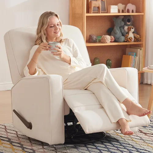 Miniatura 3 de Tbfit Silla reclinable giratoria de 360°, mecedora de guardería con soporte lumbar para dormitorio, cómodo sillón tapizado con almohadas y Beige