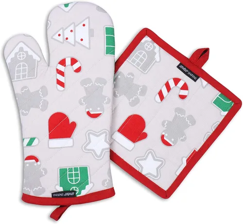 Miniatura 4 de AMOUR INFINI Juego de 4 delantales, toalla de cocina, guante de horno y soporte para ollas en un divertido diseño navideño Oeko-Tex 100% algodón