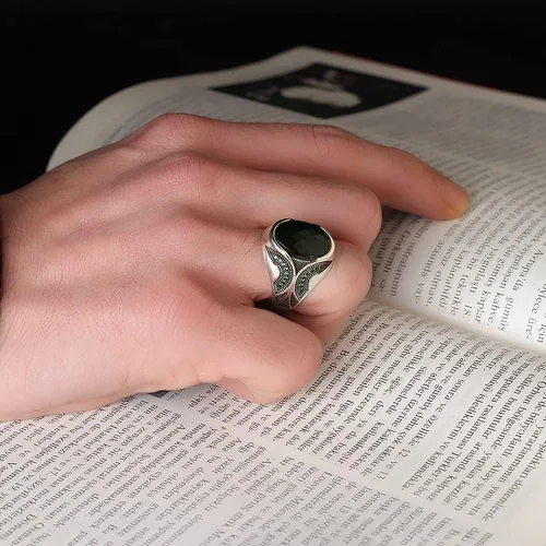 Miniatura 3 de Anillo de plata de ley 925 para hombre con piedra preciosa esmeralda, anillo de plata grabado hecho a mano, regalo para él, anillo de plata