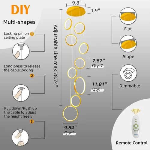Miniatura 5 de Candelabro moderno para entrada para techos altos, lámpara moderna regulable dorada para escalera, de lujo, techo alto, lámpara colgante LED