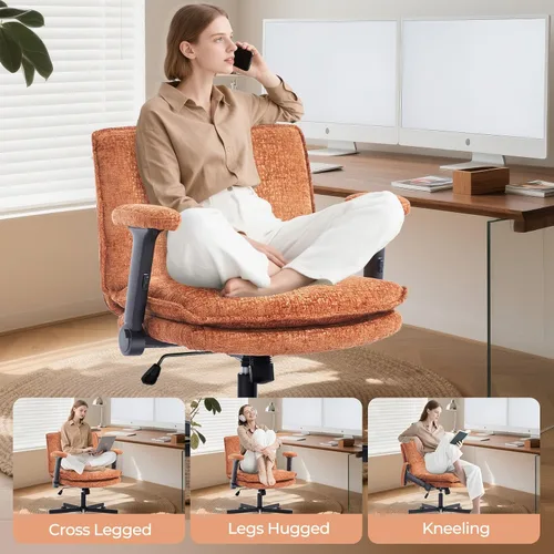 Miniatura 5 de Silla Cruzada con Brazos Abatibles y Ruedas con Bloqueo, Silla de Escritorio de Oficina de Tela de Felpa con Patas Cruzadas, Silla Giratoria