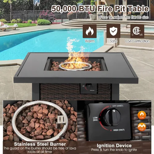 Miniatura 5 de Tangkula Juego de 6 piezas de mimbre para patio, juego de sofá de ratán para exteriores con mesa de fuego de propano de 32 pulgadas, calor de 50,000
