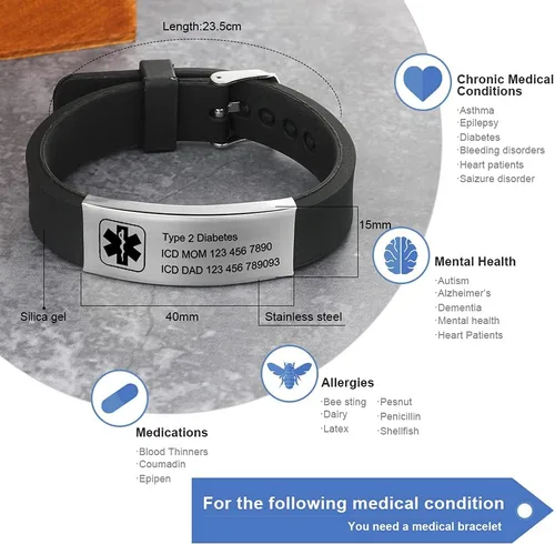 Miniatura 117 de OPALSTOCK Pulseras médicas personalizadas de silicona ajustable para identificación de emergencias, grabado gratuito, 9 pulgadas, resistente al