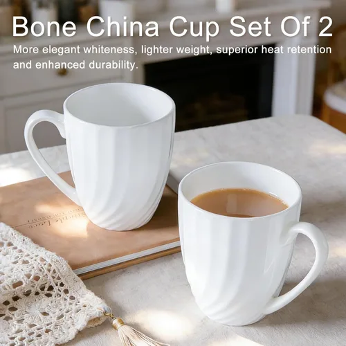 Miniatura 6 de Juego de 2 tazas de café blancas de porcelana fina (12 onzas), tazas de té de cerámica con patrón en espiral, tazas de café finas de China, tazas