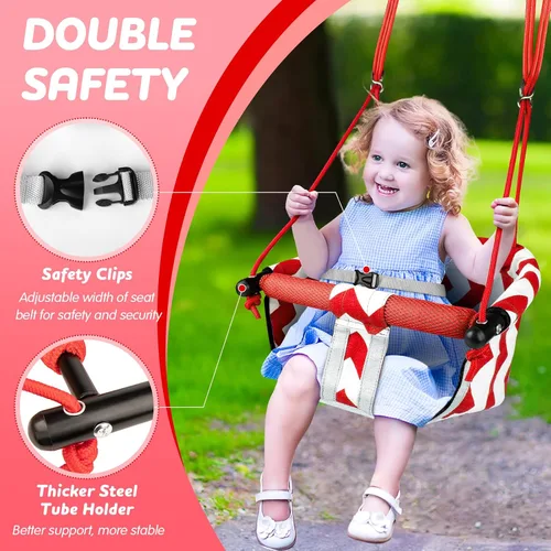 Miniatura 3 de Columpio para niños pequeños – Cómodo columpio para bebé, interior y exterior, asiento de columpio para niños, arnés de seguridad, sistema de Rojo