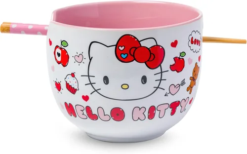 Miniatura 15 de Silver Buffalo Sanrio Hello Kitty Tazón de cerámica para ramen y arroz con diseño de flores, con palillos, apto para microondas, 20 onzas
