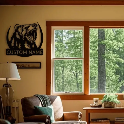 Miniatura 5 de Arte de pared de metal con oso grizzly de bosque, letreros personalizados con nombre de oso rugiente, decoración de pared personalizada de cabaña