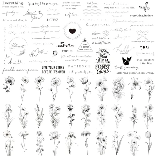 Tatuajes temporales realistas – 60 hojas de tatuajes falsos pequeños, 30 piezas de tatuajes significativos con escrituras y palabras, 30 calcomanías