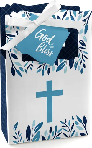 Big Dot of Happiness Blue Elegant Cross - Cajas de regalo para fiesta religiosa para niños, juego de 12