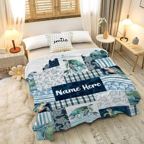 Miniatura 2 de Manta de franela de vellón personalizada con nombre de tortugas marinas, ligera, suave, bonita y acogedora manta para cama, sofá, viajes al aire