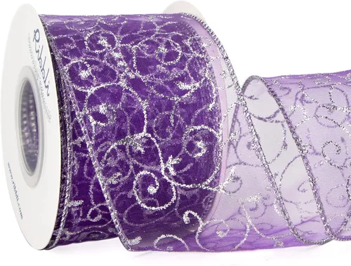 Miniatura 8 de Ribbli - Cinta con alambre y brillantes remolinos, cinta transparente de organza burdeos con patrón de remolino de brillantes dorados y borde