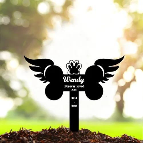 Marcador de metal para tumbas para mascotas, nombre personalizado, estaca de jardín, perro, conmemorativo, alas de ángel, marcador de tumba, hueso