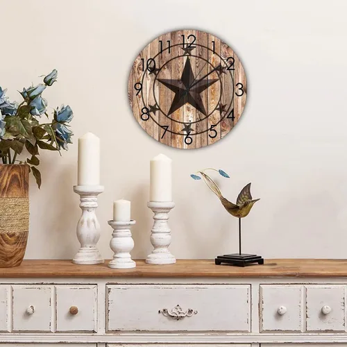 Miniatura 3 de Reloj de pared redondo rústico con estrella de Texas, funciona con pilas, sin tictac, silencioso para colgar en la pared, reloj de madera, vintage