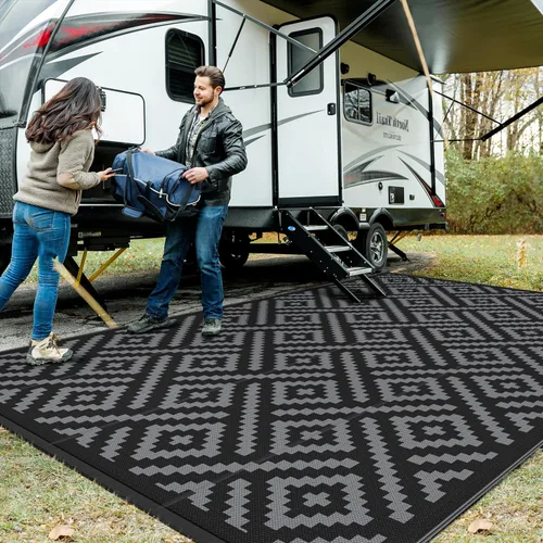 Miniatura 56 de GENIMO Alfombra de exterior impermeable de 5 x 8 pies, alfombras reversibles, alfombra de área, alfombra de plástico para exteriores, alfombra Negro