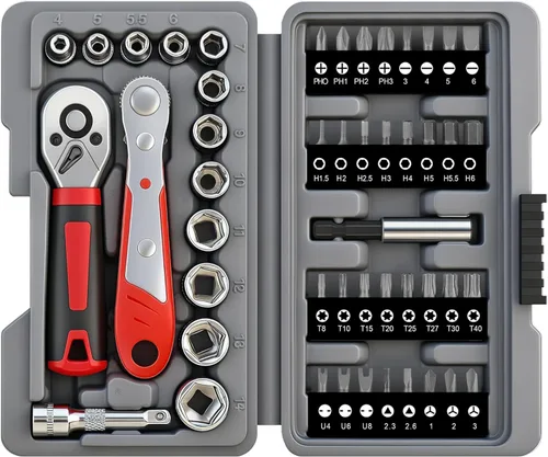 Hi-Spec Juego de destornillador de trinquete de 48 piezas y juego de zócalos, trinquete mini de 0.6 cm y trinquete de liberación rápida, zócalos
