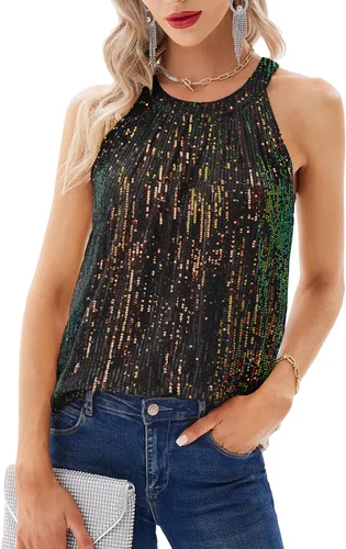 GRACE KARIN Camisetas halter de lentejuelas para mujer, sin mangas, brillantes, fruncidas, fluidas, brillantes, para club, camisa de fiesta
