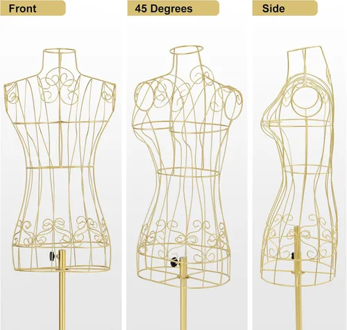 Miniatura 7 de Maniquí con forma de vestido y torso con soporte de metal, maniquí femenino con altura ajustable para exhibición de ropa, dorado