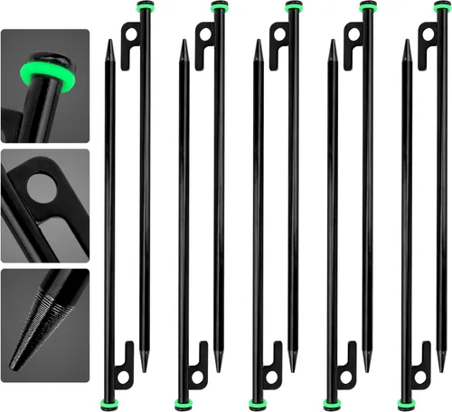 Paquete de 10 estacas de metal resistente, estacas de campamento de 12 pulgadas, estacas irrompibles con anillo brillante para mayor visibilidad,