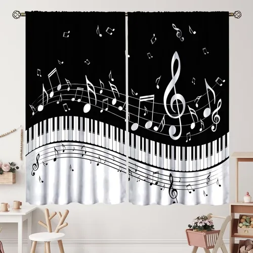 Miniatura 10 de Cortinas de notas musicales, rústicas, mágicas, notas musicales, arte retro, piano y violín, cortina con bolsillo para barra para dormitorio, sala