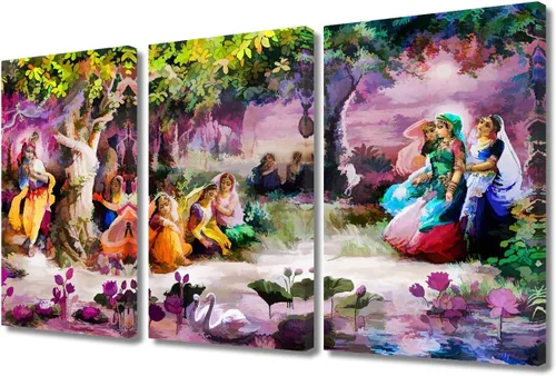 Miniatura 47 de Pintura india hindú Dios Señor Krishna imágenes sobre lienzo, arte de pared de 3 piezas, arte de pared moderno, decoración del hogar para sala