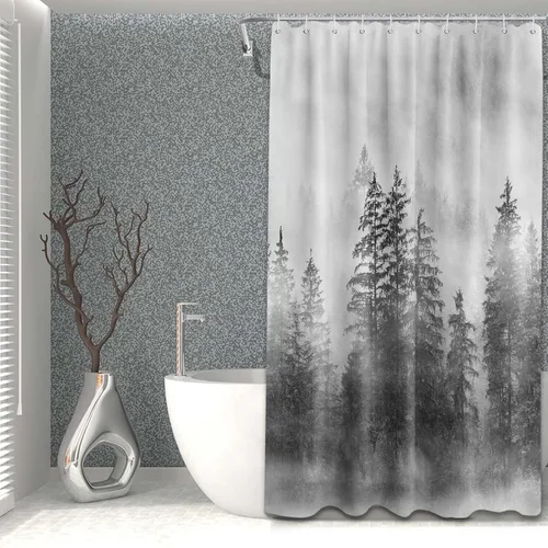 Cortina de ducha estrecha para hombre, diseño de bosque negro y gris, para casa rodante, juego de decoración de baño, tela impermeable con ganchos,