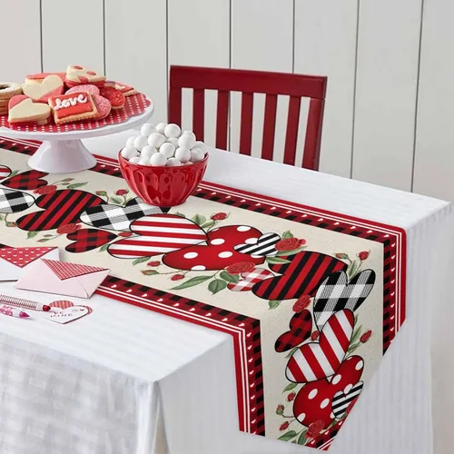 Miniatura 4 de Camino de mesa de corazón de amor para el día de San Valentín, camino de mesa de arpillera antideslizante, decoración retro de lino para casa