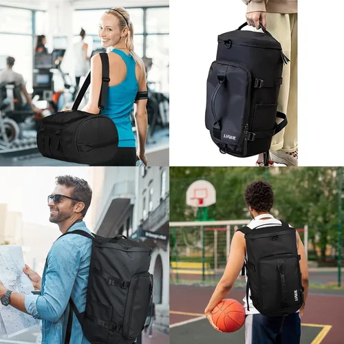 Miniatura 5 de Bolsa de gimnasio para mujeres y hombres, bolsa de lona deportiva, mochila de viaje, bolsa de fin de semana con compartimento para zapatos, Negro