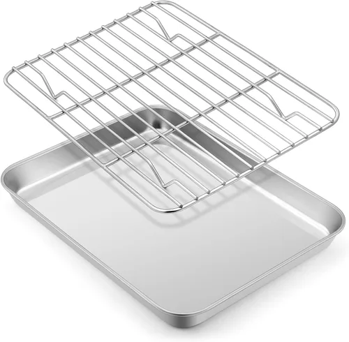 E-far Bandeja pequeña de metal para horno tostador con juego de estante, bandeja para hornear de 9.4 x 7.3 pulgadas con rejilla de enfriamiento de