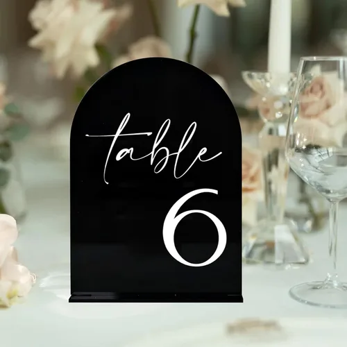 Miniatura 4 de Números de mesa de acrílico de arco negro con soportes 1-15, letrero acrílico arqueado negro de 5 x 7 pulgadas y base, números de mesa de arco