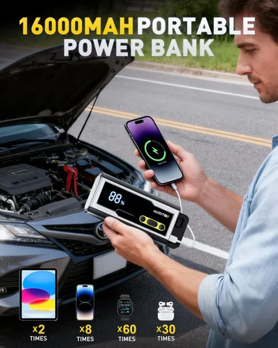 Miniatura 6 de AUXITO Arrancador de batería portátil de 8000 A con pantalla LCD grande, cable de salto con abrazaderas inteligentes, banco de energía, linterna