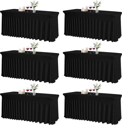 Miniatura 14 de JCJ Faldón de mesa para mesas rectangulares, manteles negros ajustados de spandex para mesas de 4 pies, faldones de mesa elásticos con volantes