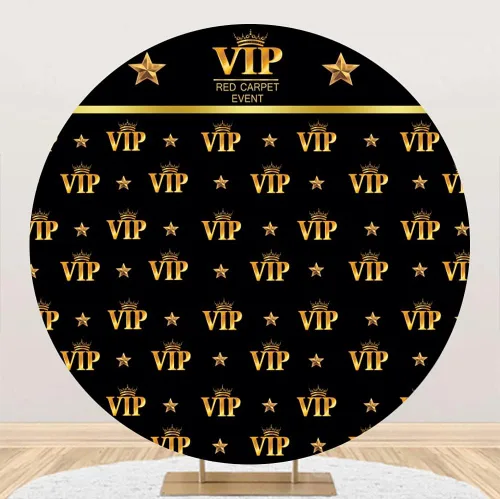 Laeacco Cubierta de fondo redonda VIP de 7.2 x 7.2 pies, alfombra roja, fondo de fotografía de eventos, corona dorada, estrellas, recién nacido,