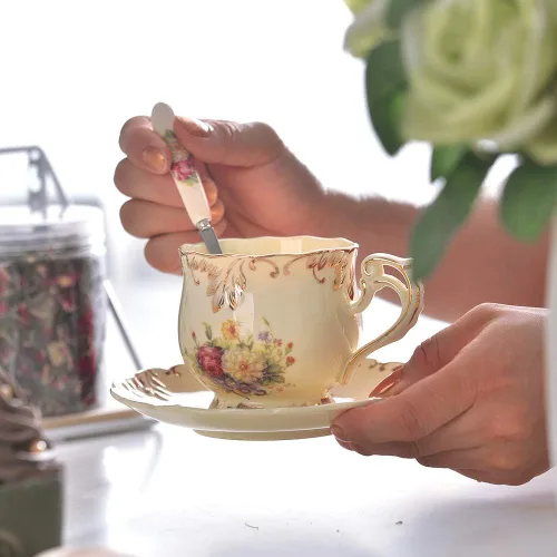 Miniatura 2 de YOLIFE Juego de taza de té y platillo, juego de taza de té de 8 oz, taza de té, taza de té de cerámica con platillo y cuchara, arbustos florecidos