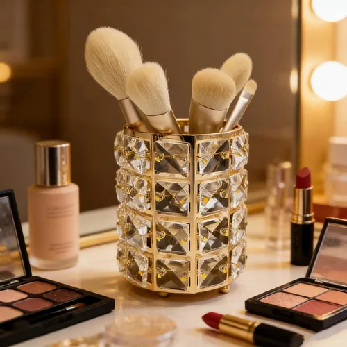 Miniatura 3 de Organizador de brochas de maquillaje, caja de almacenamiento de cosméticos con cristales brillantes para cepillos, peines y bolígrafos, contenedor